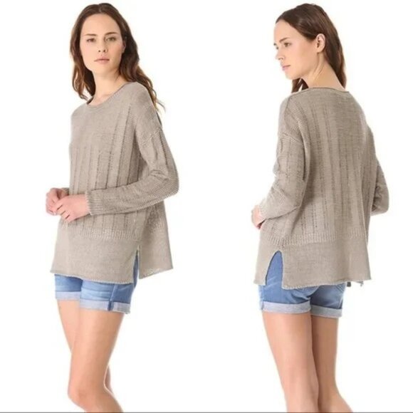 VINCE women's size XS 100% linen open knit side slits stretch pullover sweater - Picture 1 of 10